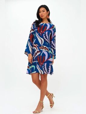 Oliphant Long Sleeve Mini Shift Dress Fergana Blue Viscose Womens EUC